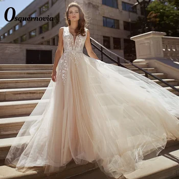 Osquernovia Сватбени булчински рокли 2023 V-образно деколте без ръкави без гръб Апликации Вграден сутиен A-line Robe De Mariée Made To Order