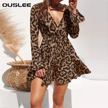 OUSLEE-Дамски леопард отпечатани V врата мини рокля, реколта, елегантен, парти, Aline, охлаждане, женски