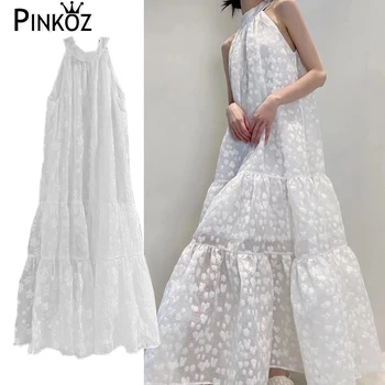 Pinkoz летен оглавник врата макси бял A-line празнични рокли за жени елегантна фея резервоар без ръкави рокля празник вестидос траф