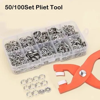 Plier Tool+50/100 Комплект метални шевни бутони Кухи твърди петнокътни ключалки Метални бутони за щракване за инсталиране на дрехи DIY занаят