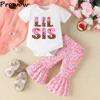 Prowow 0-18M Летни бебешки комплекти за момичета Боди на малката сестра + поничка отпечатани разкроени панталони Новородени дрехи за раждане