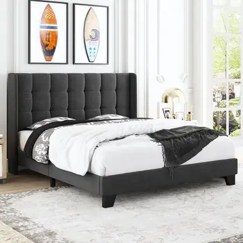  Queen Size легло, Wingback платформа легло рамка с тапицирана табла и силни дървени ламели подкрепа, Удобен двойно легло, сив
