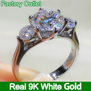 Real 9K бяло злато пръстен жени годеж годишнина парти сватбен пръстен 3 бр кръг Moissanite диамант модерен 1 2 3 4 5 Ct