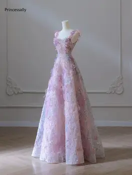Robe De Soriee Лилава вечерна рокля с цветя Спагети презрамки Луксозен годишен банкет домакин рокля Vestido De Festa Luxo 2024