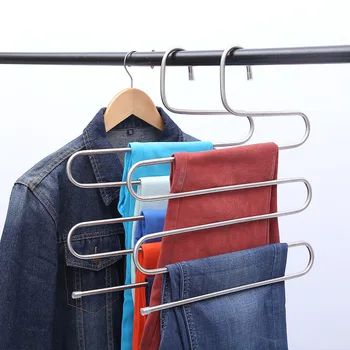 S-тип многофункционална закачалка за панталони 5 слоя висяща закачалка за дрехи от неръждаема стомана висяща стойка многослойна стойка за съхранение на килера