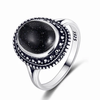 s925 Сребърни пръстени Син пясъчник скъпоценни камъни пръстени за жени Сватбени халки годишнина подарък фини бижута