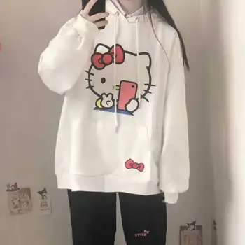 Sanrio hello kitty пуловер с дълъг ръкав яке есен сладко момиче хлабав случайни пуловер с качулка палто