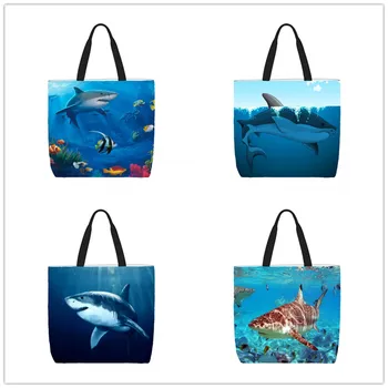 Shark плува персонализиране голяма пазарска чанта отпечатани пътуване рамо чанти еко многократна употреба пазарски чанти за жени с печат