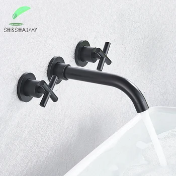 SHBSHAIMY Златни/хромирани смесители за баня Смесител за монтиране на стена с двойни дръжки 360 ротационен кран за черна вода кран смесител за мивка