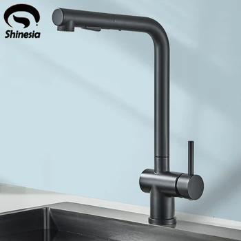 Shinesia Черен кухненски кран с две спрей водни струи Смесител за мивка с един лост 360 ° въртяща се неръждаема стомана