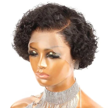 Short Bob Wig Pixie Cut Wig Curly Human Hair Wigs For Women Евтини 13x1 T част Прозрачна дълбока вълна дантела перука Preplucked Hairline