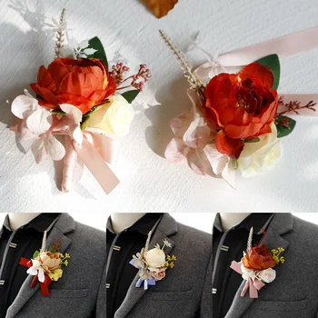 Silk Roses Бутониера Сватбена симулация Божур корсаж гривна шаферките младоженец китката цветя брак аксесоари