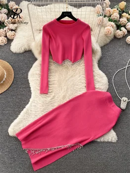 SINGREINY Diomands дизайн плетени комплекти кльощава нередовни къси върхове + еластична талия Bodycon сплит пола дами старши autunn костюми