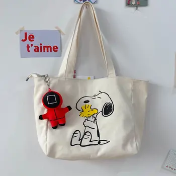 Snoopy Girls чанта за рамо платно голяма пазарска чанта студент цип голяма пазарска чанта карикатура сладък чанта за съхранение пазаруване