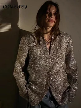 Solid v-образно деколте дамски палта пайети един бутон завъртя злато женско яке 2024 пролетта модни джобове дълъг ръкав шик streetwear