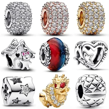 Sparkling Pave Triple-row Gingerbread House Family Heart & Star Bead 925 Sterling Silver Charm Fit Europe гривна DIY Бижута