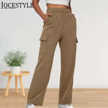 Sport стил ластик товарни панталони случайни твърди жени основни sweatpants плюс размер хлабав прав крак панталони ежедневно облекло