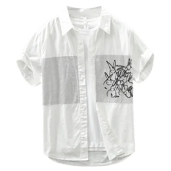 Stripe отпечатани пачуърк тенденция риза с къс ръкав за мъжко лято тънка чиста памучна свободна и дишаща ежедневна риза