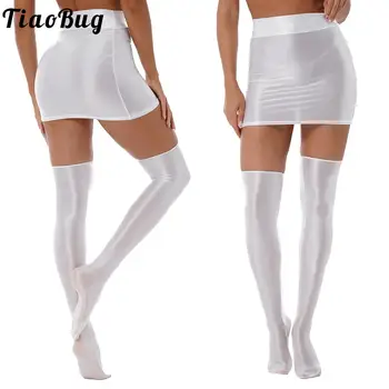 Tiaobug дамски 2бр добър разтеглив лъскав твърд бял висока талия найлон мини пола с чорапи нощен клуб бельо костюм костюми
