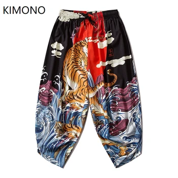 Tiger печат тънки кимоно панталони жени мъже реколта японски Harajuku демон печат ластик случайни традиционни харем панталони
