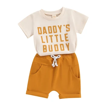 Toddler Boy Летни дрехи Комплект Mamas Daddys Little Buddy Print Къс ръкав T риза Шорти Екипировки Детски дрехи