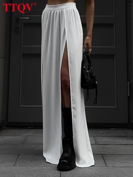 TTQV мода бели прави дамски поли 2023 Елегантни странични поли с висока талия Ежедневни Плътна пола с дължина до пода Улично облекло