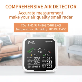 TUYA WIFI многофункционален монитор за качеството на въздуха, термохигрометър, аларма за часовник и газов детектор на PM2.5, PM10, HCHO, C6H6, CO2 сензор