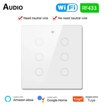 Tuya WiFi САЩ Бразилия Интелигентен светлинен превключвател 4/6 Gang Touch стена панел превключвател с RF433 Интелигентен контрол на живота Поддръжка Alexa Google Home