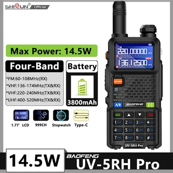 UV-5RH Pro Walkie Talkie 14.5W 3800mAh Baofeng UV 5RH Четирилентов VHF UHF USB Тип-C зарядно устройство 999CH DTMF UV5R FM Шунка двупосочни радиостанции