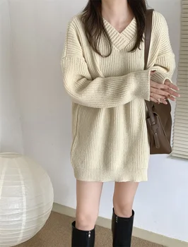 V-образно деколте пуловери мързелива жена пуловер qiu dong с дебел хлабав извън дизайна усещане за дълго палто