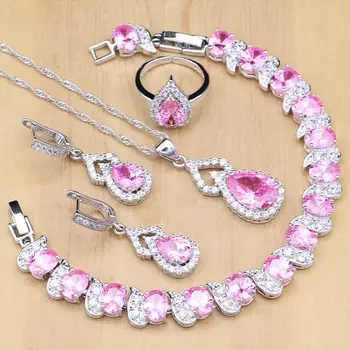 Water Drop Silver 925 Комплект бижута розов CZ принцеса за жени сватбени обеци / висулка / отворен пръстен / гривна / колие комплект