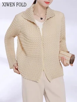 XIWEN 2023 Случайни мода плисирани ревера якета жени пълен ръкав завой надолу яка цип гъвкав нов плътен цвят женски XF708