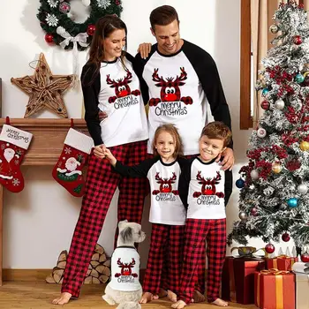 Xmas пижами кръгла яка висока талия дълги ръкави родител-дете пижами Коледа лосове писмо печат семейство съвпадение дрехи