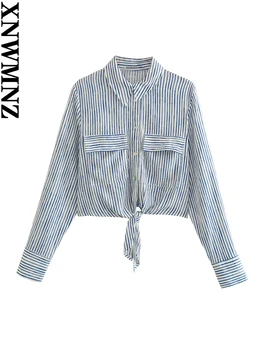 XNWMNZ Дамска мода 2023 възел риза жени реколта ревера дълъг ръкав джоб предния бутон случайни универсален женски отгоре