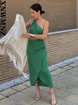 XNWMNZ Дамска мода 2023 Отваряне на талията Асиметрична рокля на врата Жени Ваканционен стил Фронт Сплит Side плисе женски Midi рокли