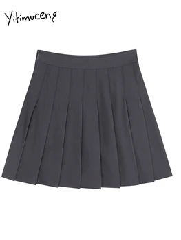 Yitimuceng Основна сива плисирана пола за жени 2024 Лятна мода Preppy стил висока талия пола шик тънък линия мини поли