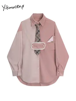 Yitimuceng снаждане блуза жени 2023 нова мода пролетта реколта контраст цвят кадифе дамски върховете шик карирани връзки хлабав риза
