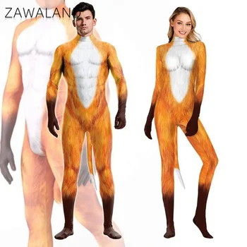 Zawaland Хелоуин Цели косплей костюми Животински пълен капак Fox 3D отпечатан фентъзи котешки костюм за възрастни Унисекс Zentai костюм боди