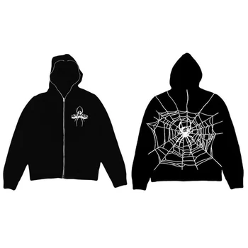 Zip качулки мода паяжина графичен печат мъжки суитчър готически дълъг ръкав спортно палто Y2K дрехи извънгабаритни сива врана Унисекс