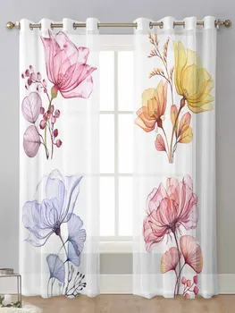 акварелни цветя прозрачна текстура отвесни завеси за хол прозорец Voile тюл завеса Cortinas завеси Начало декор