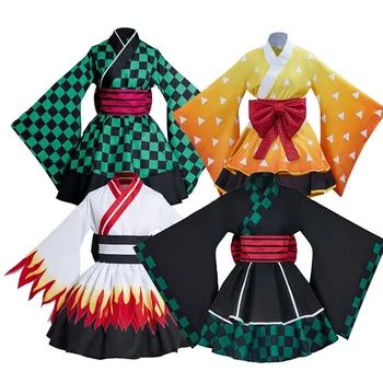 Аниме убиец на демони Agatsuma Zenitsu косплей кимоно костюми костюми Rengoku Kyoujurou Kamado Tanjiro прислужница рокля Хелоуин костюми