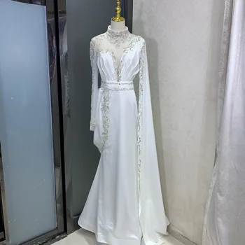 Арабски бял марокански кафтан Дубай мюсюлманска вечерна рокля с нос ръкав мъниста дълги официални рокли за жени рокля на сватбено тържество