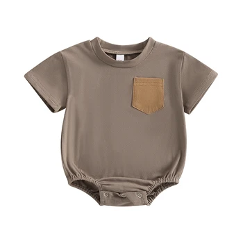 бебе лятно облекло бебе момче плътен цвят джоб гащеризон къс ръкав гащеризон момиче мек памук Sunsuit новородено боди