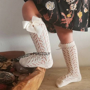 Бебе момичета коляното високи чорапи голям лък испански стил принцеса малко дете момиче летни чорапи окото оребрени чорапи памук дълга тръба деца подарък