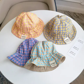 Бебешка рибарска шапка лятна тънка шапка за слънце бебешка външна шапка за слънце памук дишаща сладка карирана шапка