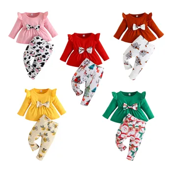 Бебешки комплекти Bow Fashion Girls' Outfit Girls' Fly Sleeve Ризи с дълъг ръкав+ Принтирани панталони 2 части Комплект бебешки дрехи Комплект новородени