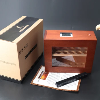 Безплатна доставка до Бразилия Дървени пури Humidor кутия Видими стъклени прозорци Аксесоари за пушене Калъф за цигари W / Хигрометър за Cohiba