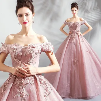Вечеря рокля парти рокли гала розов воал цветна мрежа принцеса цвете булчински бална рокля H822