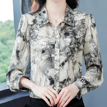 Висококачествена мастилена живопис отпечатана риза от шифон за жените Топ нова есен 2023 Елегантна блуза с дълъг ръкав OL