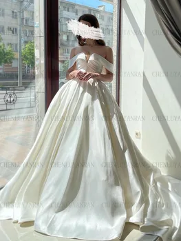Висококачествени сватбени рокли Off-рамо V-образно деколте дълги булка рокли съд влак секси сатенени рокли за жени 2023 халат де Марие